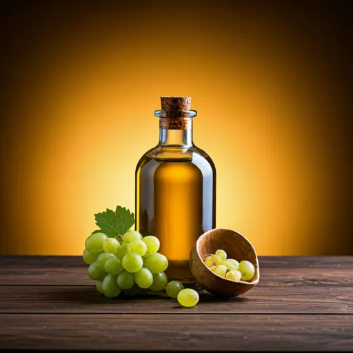 زجاجة زيت بذور عنب وبجانبها فاكهة العنب
